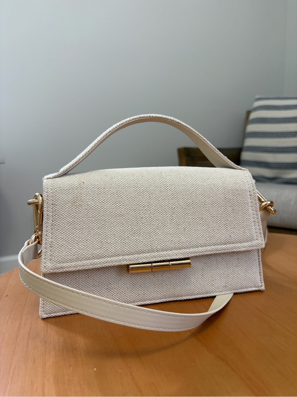 H&M Cream Canvas Mini Top-Handle Bag with Gold Hardware